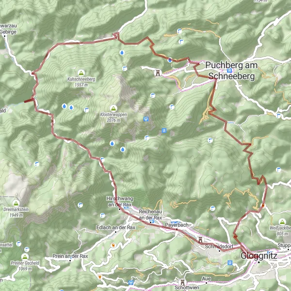 Miniature de la carte de l'inspiration cycliste "Boucle à vélo épique près de Gloggnitz" dans la Niederösterreich, Austria. Générée par le planificateur d'itinéraire cycliste Tarmacs.app