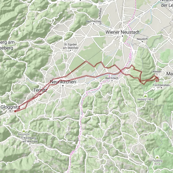 Miniatura della mappa di ispirazione al ciclismo "Tra natura e cultura a Neunkirchen" nella regione di Niederösterreich, Austria. Generata da Tarmacs.app, pianificatore di rotte ciclistiche