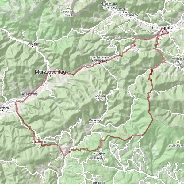 Karttaminiaatyyri "Haastava reitti Wechselin yli" pyöräilyinspiraatiosta alueella Niederösterreich, Austria. Luotu Tarmacs.app pyöräilyreittisuunnittelijalla