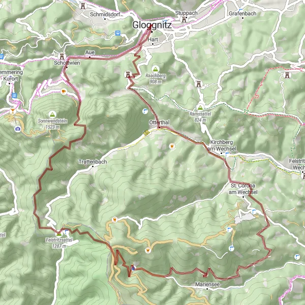 Kartminiatyr av "Grusvei Eventyr nær Gloggnitz" sykkelinspirasjon i Niederösterreich, Austria. Generert av Tarmacs.app sykkelrutoplanlegger