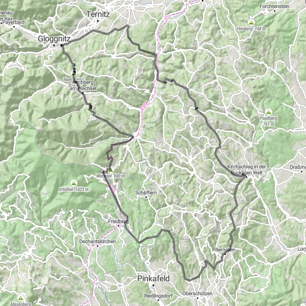 Zemljevid v pomanjšavi "Potovanje po Buckligi Welt" kolesarske inspiracije v Niederösterreich, Austria. Generirano z načrtovalcem kolesarskih poti Tarmacs.app