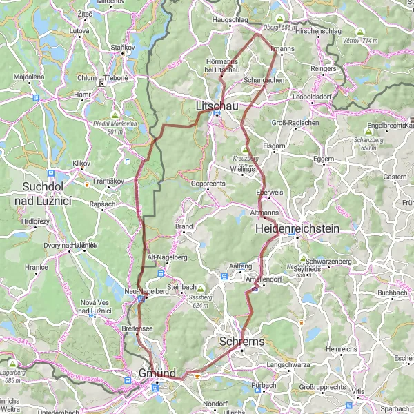 Map miniature of "Gmünd Gravel Adventure" cycling inspiration in Niederösterreich, Austria. Generated by Tarmacs.app cycling route planner