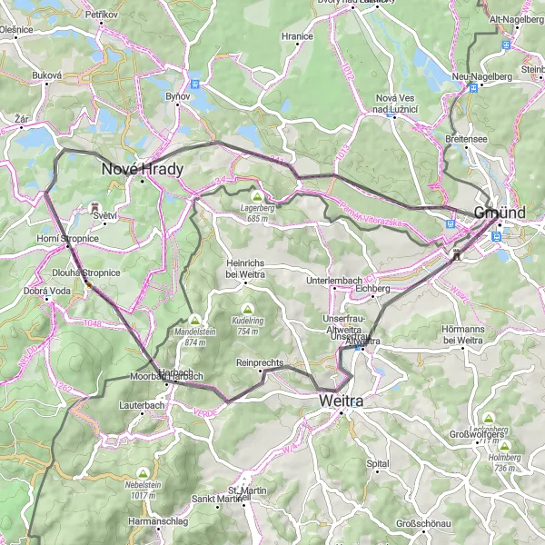 Miniatua del mapa de inspiración ciclista "Ruta de Ciclismo de Carretera a Nové Hrady" en Niederösterreich, Austria. Generado por Tarmacs.app planificador de rutas ciclistas