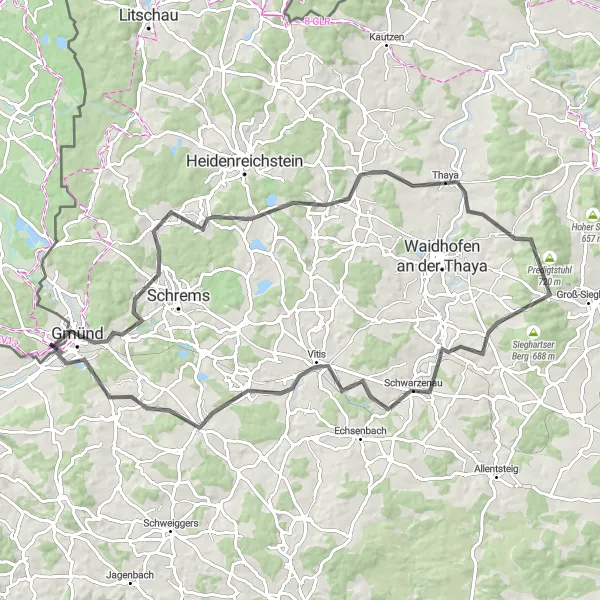 Miniaturní mapa "Okruh kolem Gmünd (Niederösterreich, Rakousko) - Kohlschusterberg" inspirace pro cyklisty v oblasti Niederösterreich, Austria. Vytvořeno pomocí plánovače tras Tarmacs.app