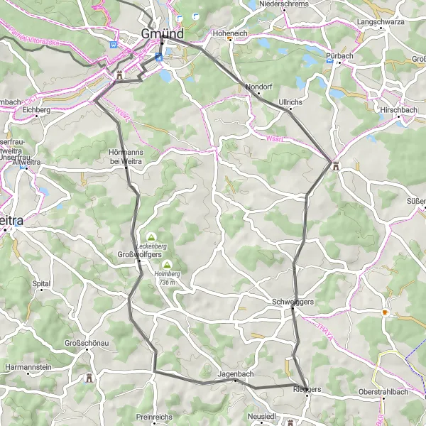 Mapa miniatúra "Kopcami a dedinkami Waldviertelu" cyklistická inšpirácia v Niederösterreich, Austria. Vygenerované cyklistickým plánovačom trás Tarmacs.app