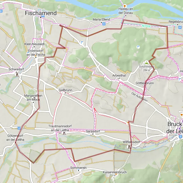 Miniatua del mapa de inspiración ciclista "Ruta de Grava Götzendorf an der Leitha - Sommerein" en Niederösterreich, Austria. Generado por Tarmacs.app planificador de rutas ciclistas