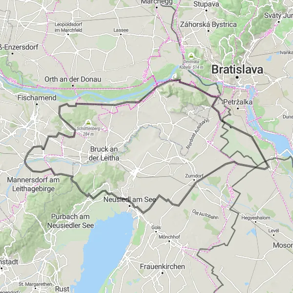 Mapa miniatúra "Bratislava Blick okruh (Cestný cykloturistický výlet)" cyklistická inšpirácia v Niederösterreich, Austria. Vygenerované cyklistickým plánovačom trás Tarmacs.app