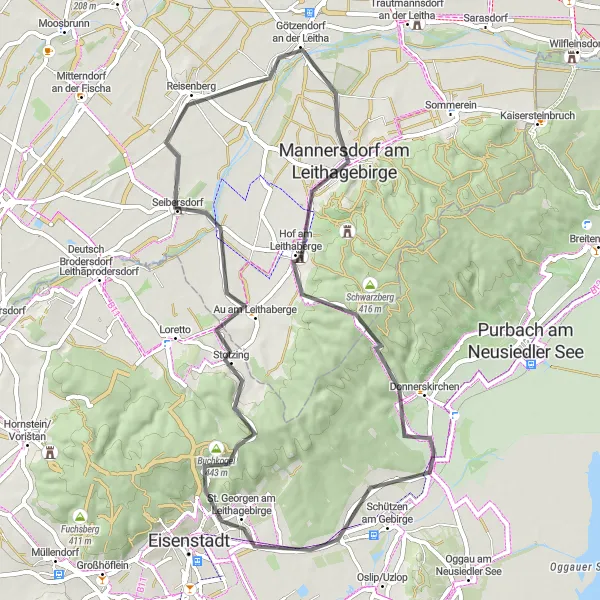 Kartminiatyr av "Eventyrlige omgivelser rundt Mannersdorf am Leithagebirge" sykkelinspirasjon i Niederösterreich, Austria. Generert av Tarmacs.app sykkelrutoplanlegger