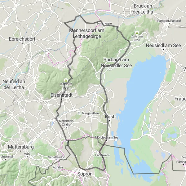 Mapa miniatúra "Okružná cyklistická trasa cez Sopron a Eisenstadt" cyklistická inšpirácia v Niederösterreich, Austria. Vygenerované cyklistickým plánovačom trás Tarmacs.app
