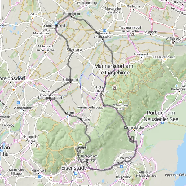 Miniatua del mapa de inspiración ciclista "Desafío en Carretera desde Gramatneusiedl" en Niederösterreich, Austria. Generado por Tarmacs.app planificador de rutas ciclistas