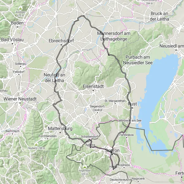 Map miniature of "Gramatneusiedl - Reisenberg - Großer Berg - Hölzlstein - Oggau am Neusiedler See - Mörbisch am See - Tengerszem - Ágfalva - Wieserberg - Sigleß - Goldberg - Unterwaltersdorf - Gramatneusiedl" cycling inspiration in Niederösterreich, Austria. Generated by Tarmacs.app cycling route planner