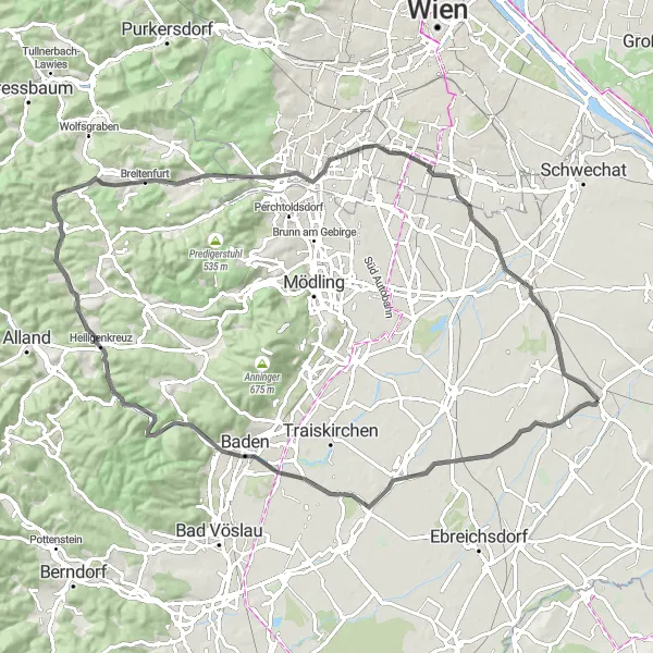 Miniatua del mapa de inspiración ciclista "Ruta en Carretera Moosbrunn - Himberg" en Niederösterreich, Austria. Generado por Tarmacs.app planificador de rutas ciclistas