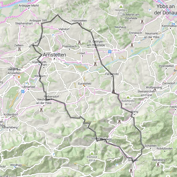 Kartminiatyr av "Gresten - Randegg sykkeltur" sykkelinspirasjon i Niederösterreich, Austria. Generert av Tarmacs.app sykkelrutoplanlegger