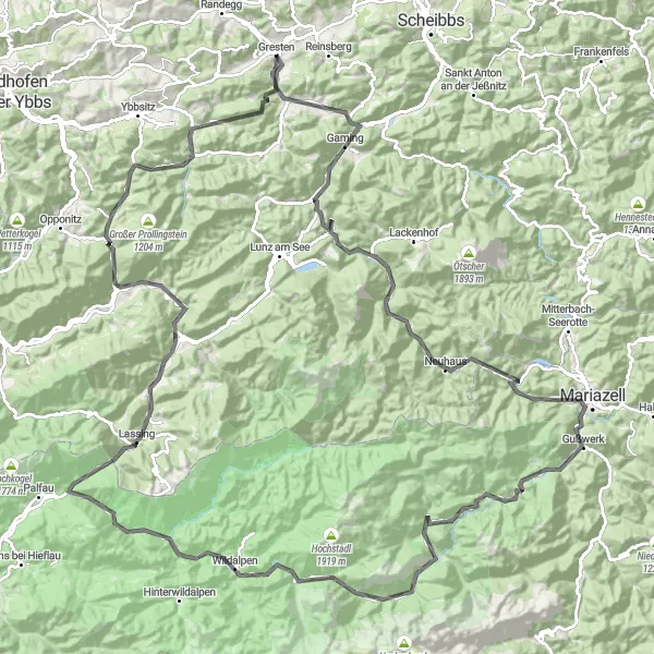 Zemljevid v pomanjšavi "Kolesarska pustolovščina v osrčju Niederösterreicha" kolesarske inspiracije v Niederösterreich, Austria. Generirano z načrtovalcem kolesarskih poti Tarmacs.app