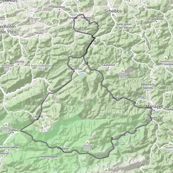 Miniatura della mappa di ispirazione al ciclismo "Giro in bicicletta strada di 159 km da Gresten" nella regione di Niederösterreich, Austria. Generata da Tarmacs.app, pianificatore di rotte ciclistiche
