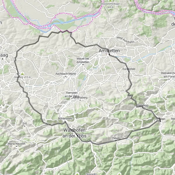 Miniatura della mappa di ispirazione al ciclismo "Gresten a Randegg e oltre" nella regione di Niederösterreich, Austria. Generata da Tarmacs.app, pianificatore di rotte ciclistiche