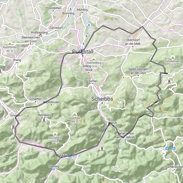 Miniatua del mapa de inspiración ciclista "Ruta escénica de 68 km partiendo de Gresten" en Niederösterreich, Austria. Generado por Tarmacs.app planificador de rutas ciclistas