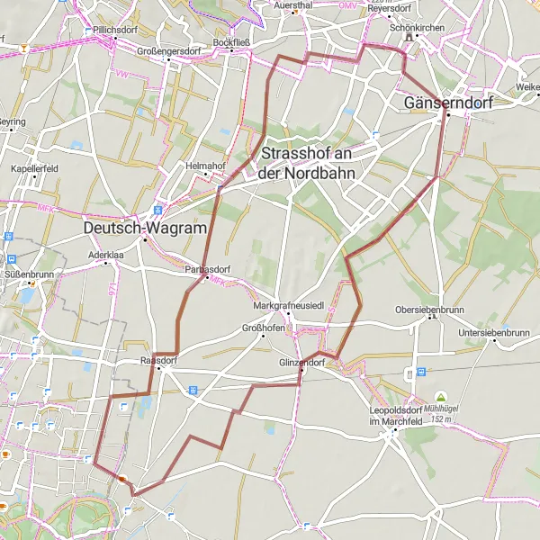 Mapa miniatúra "Poklidná jízda Weinviertelem" cyklistická inšpirácia v Niederösterreich, Austria. Vygenerované cyklistickým plánovačom trás Tarmacs.app