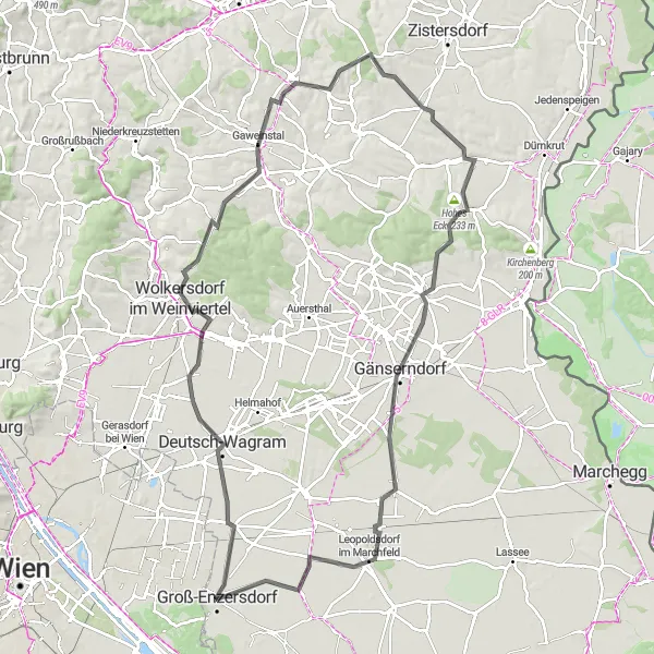 Karten-Miniaturansicht der Radinspiration "Wolkersdorf und Prottes Rundfahrt" in Niederösterreich, Austria. Erstellt vom Tarmacs.app-Routenplaner für Radtouren