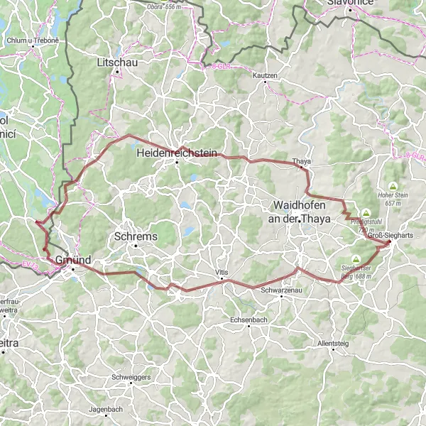 Miniaturní mapa "Gravelová cyklistická trasa kolem Groß-Siegharts" inspirace pro cyklisty v oblasti Niederösterreich, Austria. Vytvořeno pomocí plánovače tras Tarmacs.app