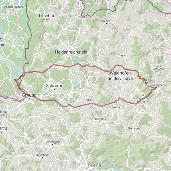 Miniaturní mapa "Gravelová odlehčená cyklotrasa z Groß-Siegharts" inspirace pro cyklisty v oblasti Niederösterreich, Austria. Vytvořeno pomocí plánovače tras Tarmacs.app
