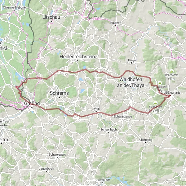 Map miniature of "Gravel Thrills to Langegg" cycling inspiration in Niederösterreich, Austria. Generated by Tarmacs.app cycling route planner