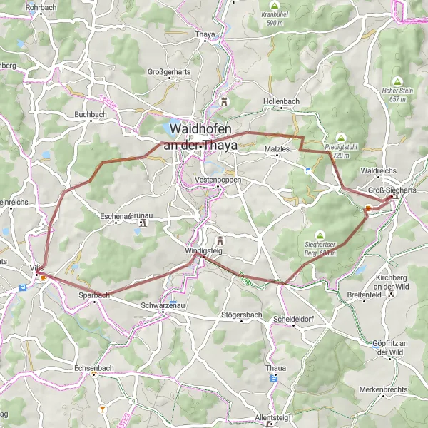 Map miniature of "Scenic Gravel Adventure from Groß-Siegharts" cycling inspiration in Niederösterreich, Austria. Generated by Tarmacs.app cycling route planner