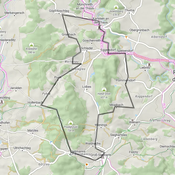 Miniatura della mappa di ispirazione al ciclismo "Scorci rurali da Groß-Siegharts" nella regione di Niederösterreich, Austria. Generata da Tarmacs.app, pianificatore di rotte ciclistiche
