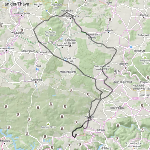 Miniatuurkaart van de fietsinspiratie "Nondorf an der Wild en Göpfritz an der Wild Fietsroute" in Niederösterreich, Austria. Gemaakt door de Tarmacs.app fietsrouteplanner