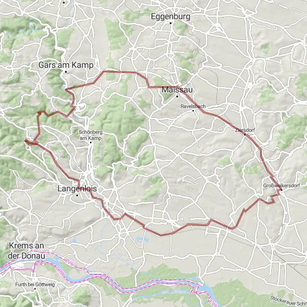 Zemljevid v pomanjšavi "Kogel - Fels am Wagram circuit" kolesarske inspiracije v Niederösterreich, Austria. Generirano z načrtovalcem kolesarskih poti Tarmacs.app