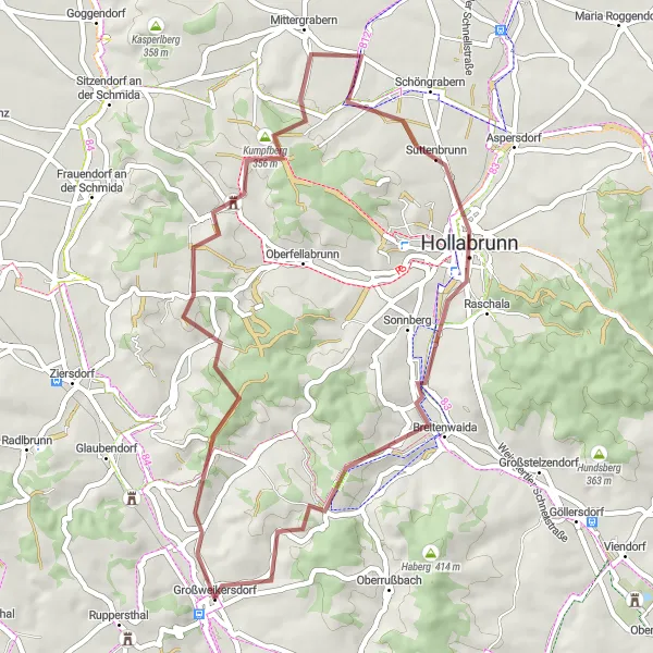 Map miniature of "Großweikersdorf-Hollabrunn-Großweikersdorf" cycling inspiration in Niederösterreich, Austria. Generated by Tarmacs.app cycling route planner
