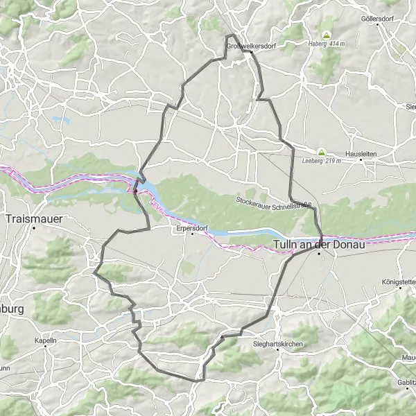 Kartminiatyr av "Wagram-Schönbuch Round Trip" sykkelinspirasjon i Niederösterreich, Austria. Generert av Tarmacs.app sykkelrutoplanlegger