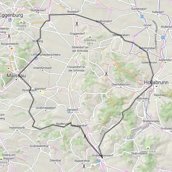 Mapa miniatúra "Cyklotrasa cez Parnass a Hollabrunn" cyklistická inšpirácia v Niederösterreich, Austria. Vygenerované cyklistickým plánovačom trás Tarmacs.app