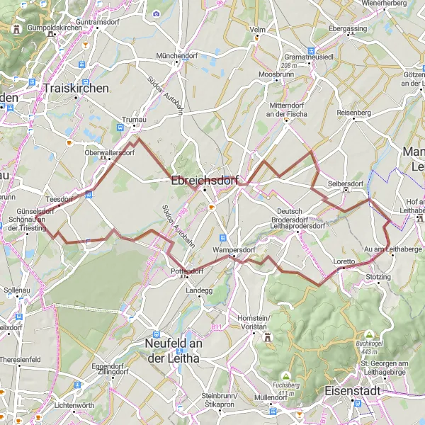 Kartminiatyr av "Landsbygdsutforskning i Niederösterreich Grusvägar" sykkelinspirasjon i Niederösterreich, Austria. Generert av Tarmacs.app sykkelrutoplanlegger