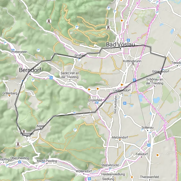 Miniatua del mapa de inspiración ciclista "Ruta de carretera a Bad Vöslau y más allá" en Niederösterreich, Austria. Generado por Tarmacs.app planificador de rutas ciclistas