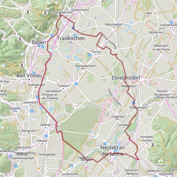 Miniature de la carte de l'inspiration cycliste "Les collines de Kottingbrunn" dans la Niederösterreich, Austria. Générée par le planificateur d'itinéraire cycliste Tarmacs.app
