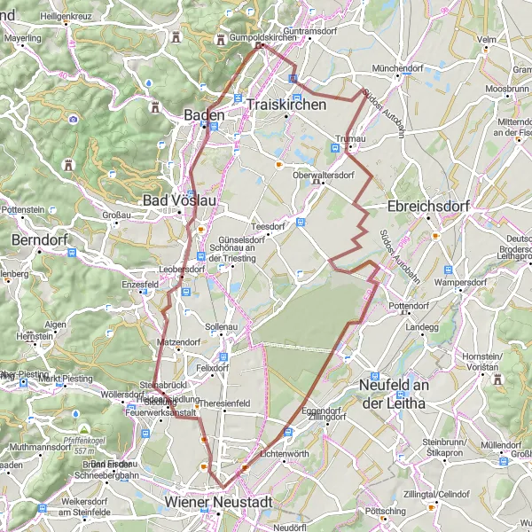 Mapa miniatúra "Zaujímavá gravelová trasa cez Baden a Wiener Neustadt" cyklistická inšpirácia v Niederösterreich, Austria. Vygenerované cyklistickým plánovačom trás Tarmacs.app