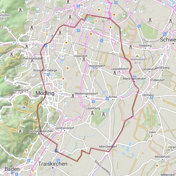Miniatua del mapa de inspiración ciclista "Ruta de Grava Gumpoldskirchen - Laaer Berg" en Niederösterreich, Austria. Generado por Tarmacs.app planificador de rutas ciclistas