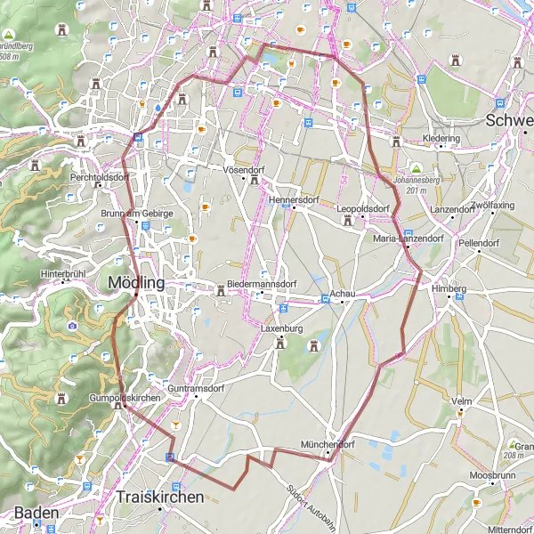 Miniaturekort af cykelinspirationen "Gruscykelrute til Münchendorf" i Niederösterreich, Austria. Genereret af Tarmacs.app cykelruteplanlægger