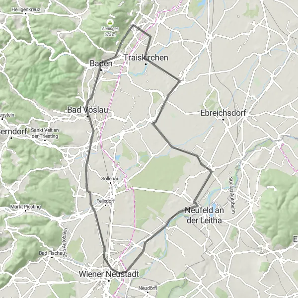 Mapa miniatúra "Jazda z Traiskirchenu cez Wiener Neustadt do Badenu" cyklistická inšpirácia v Niederösterreich, Austria. Vygenerované cyklistickým plánovačom trás Tarmacs.app