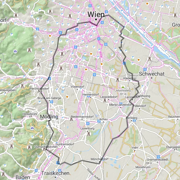 Miniatua del mapa de inspiración ciclista "Ruta de Ciclismo en Carretera a través de Brunn am Gebirge y Viena" en Niederösterreich, Austria. Generado por Tarmacs.app planificador de rutas ciclistas