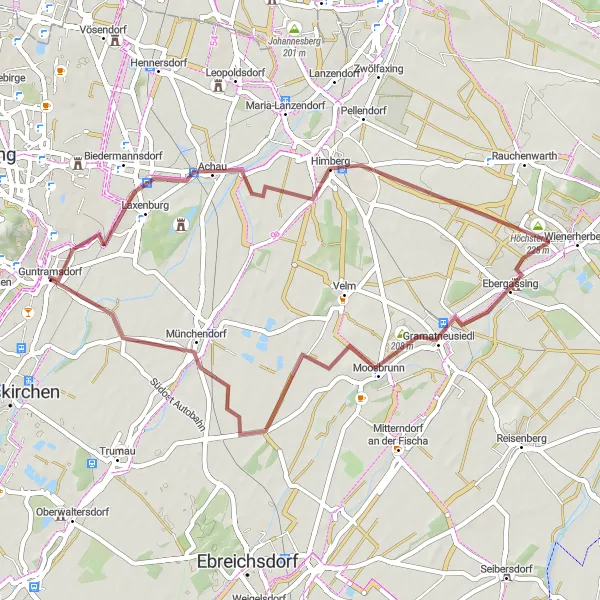 Miniatua del mapa de inspiración ciclista "Ruta de grava a través de Teichhügel y Münchendorf" en Niederösterreich, Austria. Generado por Tarmacs.app planificador de rutas ciclistas