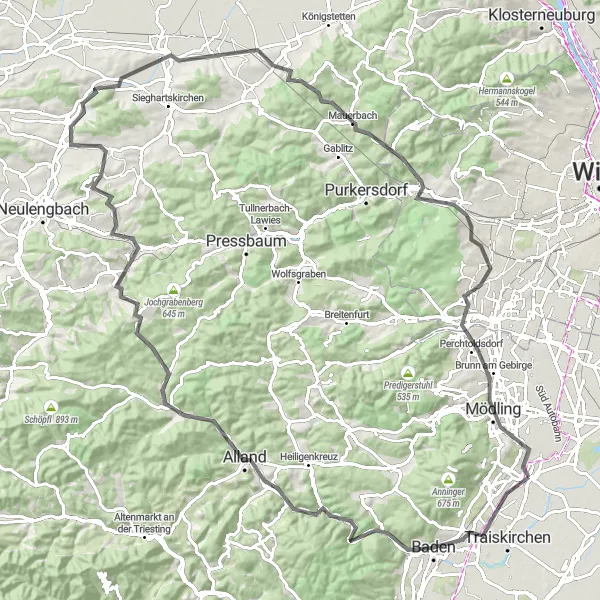 Miniatura della mappa di ispirazione al ciclismo "Giro in bicicletta da Guntramsdorf a Brunn am Gebirge" nella regione di Niederösterreich, Austria. Generata da Tarmacs.app, pianificatore di rotte ciclistiche