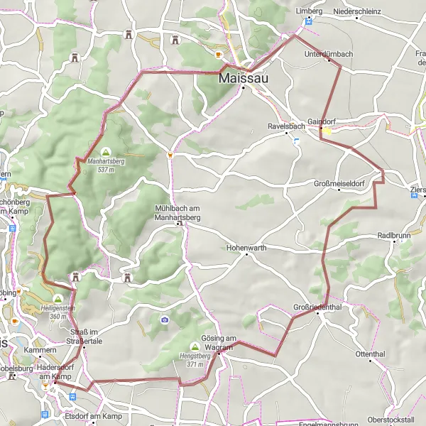 Mapa miniatúra "Cyklotrasa cez Manhartsberg" cyklistická inšpirácia v Niederösterreich, Austria. Vygenerované cyklistickým plánovačom trás Tarmacs.app