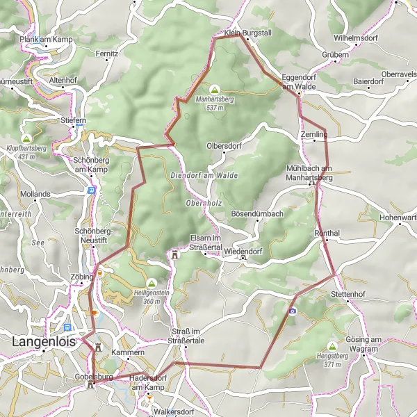 Kartminiatyr av "Gobelsburg og Manhartsberg Grus Sykkeltur" sykkelinspirasjon i Niederösterreich, Austria. Generert av Tarmacs.app sykkelrutoplanlegger