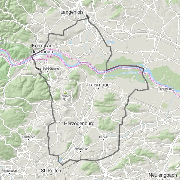 Miniatura della mappa di ispirazione al ciclismo "Tra castelli e paesaggi suggestivi: l'itinerario ideale per i ciclisti avventurosi" nella regione di Niederösterreich, Austria. Generata da Tarmacs.app, pianificatore di rotte ciclistiche