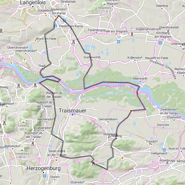 Miniatua del mapa de inspiración ciclista "Ruta de ciclismo en carretera desde Hadersdorf am Kamp" en Niederösterreich, Austria. Generado por Tarmacs.app planificador de rutas ciclistas