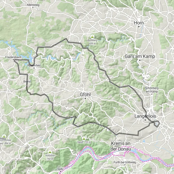 Miniatua del mapa de inspiración ciclista "Ruta por Burgruine Senftenberg y Schloss Ottenstein" en Niederösterreich, Austria. Generado por Tarmacs.app planificador de rutas ciclistas