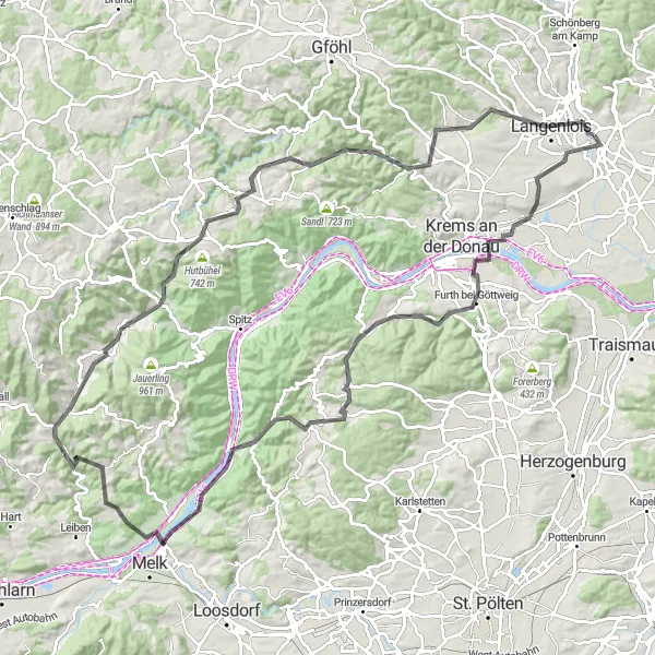 Miniatuurkaart van de fietsinspiratie "Panoramische wegroute langs de mooiste plekjes" in Niederösterreich, Austria. Gemaakt door de Tarmacs.app fietsrouteplanner