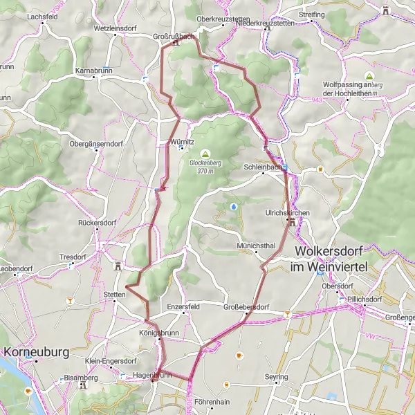 Map miniature of "The Gravel Adventure to Hagenbrunn" cycling inspiration in Niederösterreich, Austria. Generated by Tarmacs.app cycling route planner